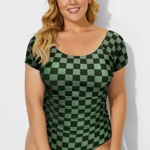 Meet Curve Checkered Green One Piece Swimsuit, Plus Size 3XL